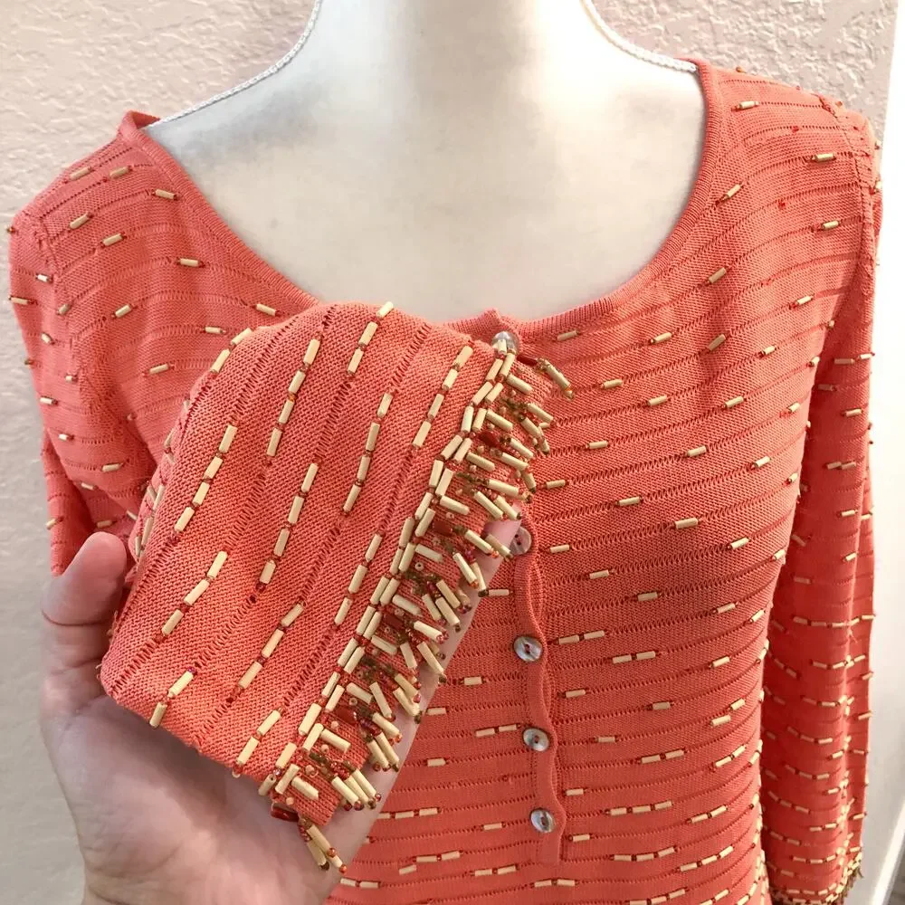 Vintage Oscar De La Renta 100% Silk Beaded Coral Sweater Top
